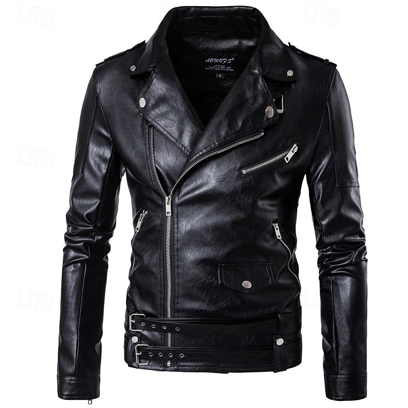 Voor heren Jas van imitatieleer Bikerjack Motorjas Vakantie Dagelijks Winddicht Houd Warm Zak Herfst Winter Effen Modieus Klassiek Revers Normaal Zwart Jacks 2026 - $57.99 –P2