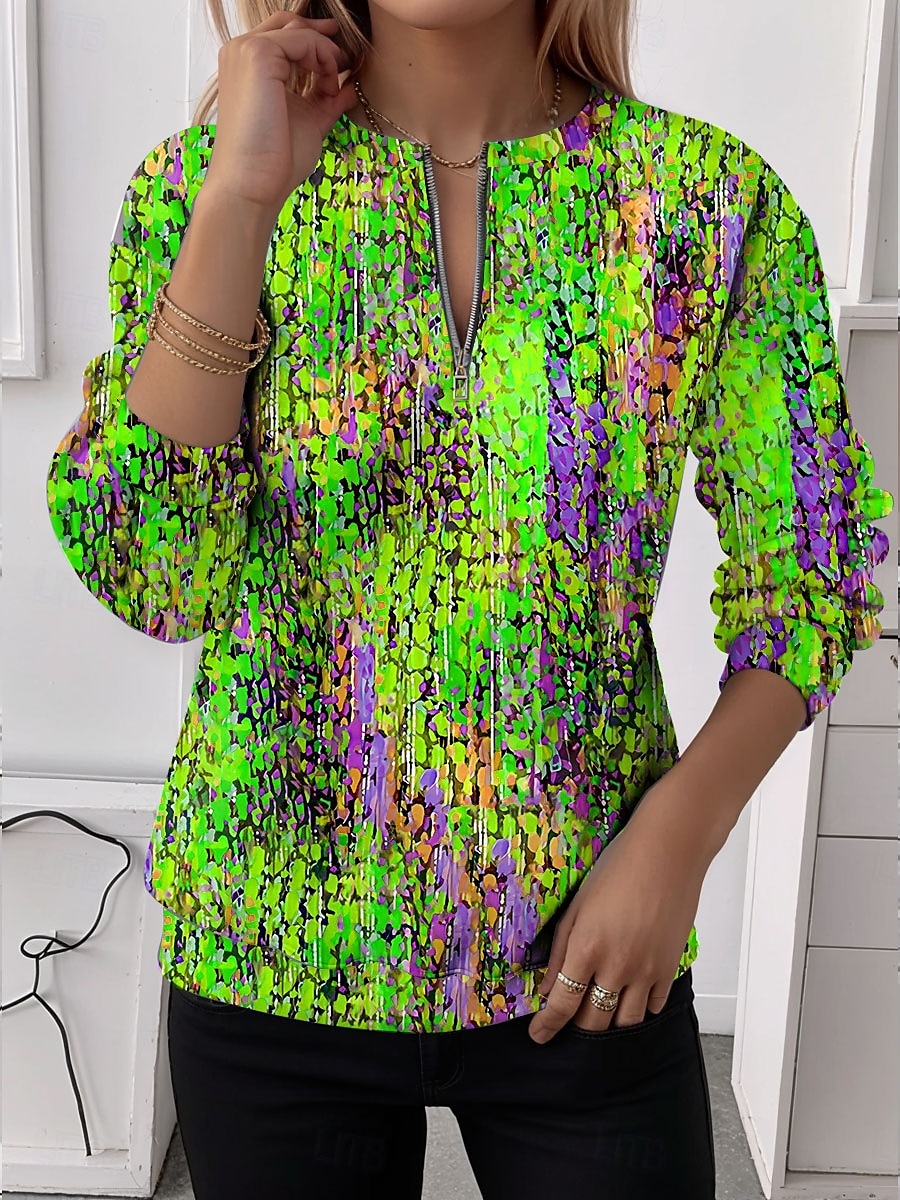 Dames Quarter Zipper Sweater Grafisch Abstract Casual Lange Mouwen Ronde Hals Reguliere Tops Street Dagelijks Gebruik Half Print Rood Blauw Paars Groen Herfst Winter 2025 - $27.99 –P5