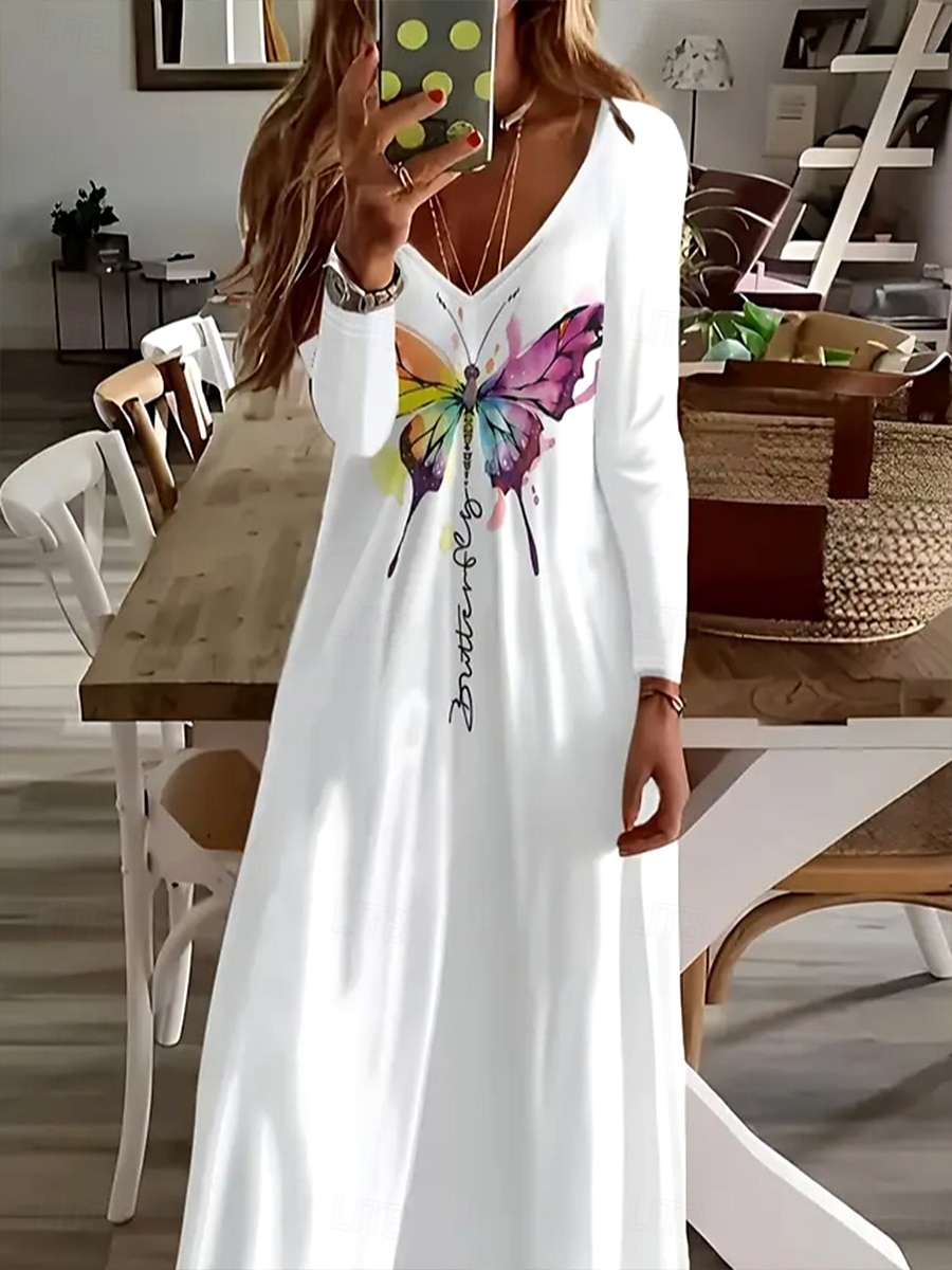 Per donna Abito lungo maxi Abito Bianco Vestito Casual Abito a trapezio Elegante Casual Ferie Vestibilità comoda Grafico Farfalla Manica Lunga Scollo a V Bianco Primavera Autunno Inverno del 2025 a $36.99 –P2