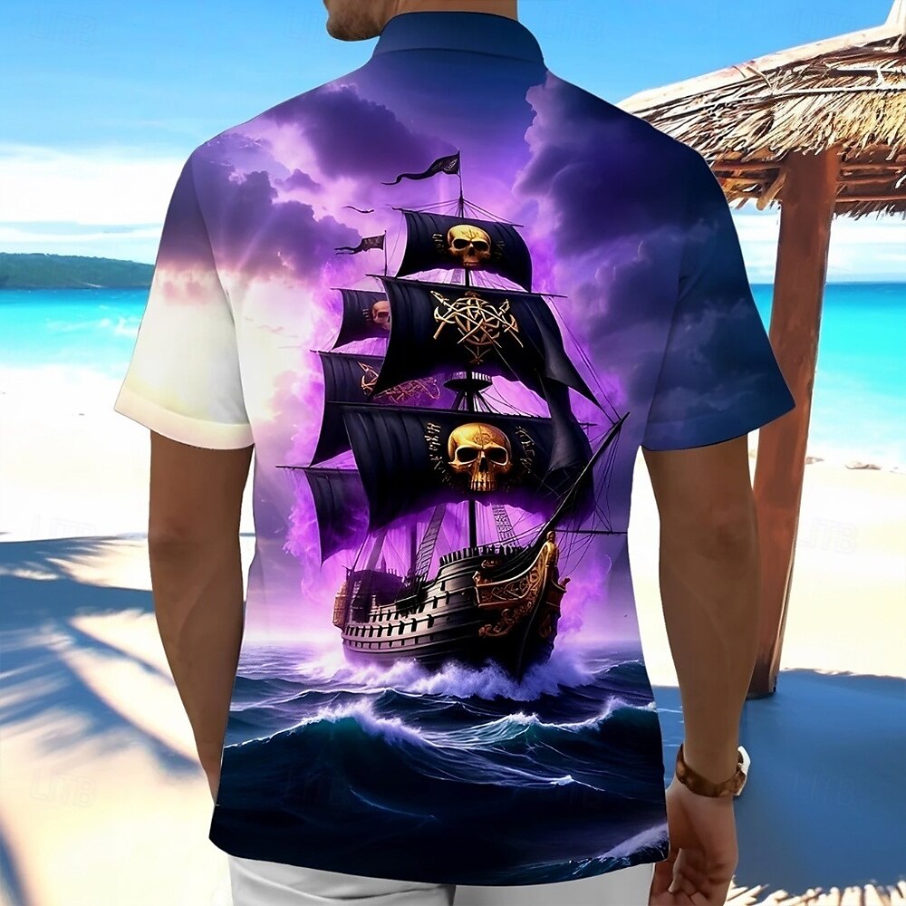 Halloween Pánské Oceán Plachetnice Lebky Košile Letní košile Košile na knoflíky Krátký rukáv Vintage Retro Tmavá Dovolená Streetwear Léto Jaro Přehnutý 3D tisk košile s límečkem Fialová 2025 - $23.99 –P2