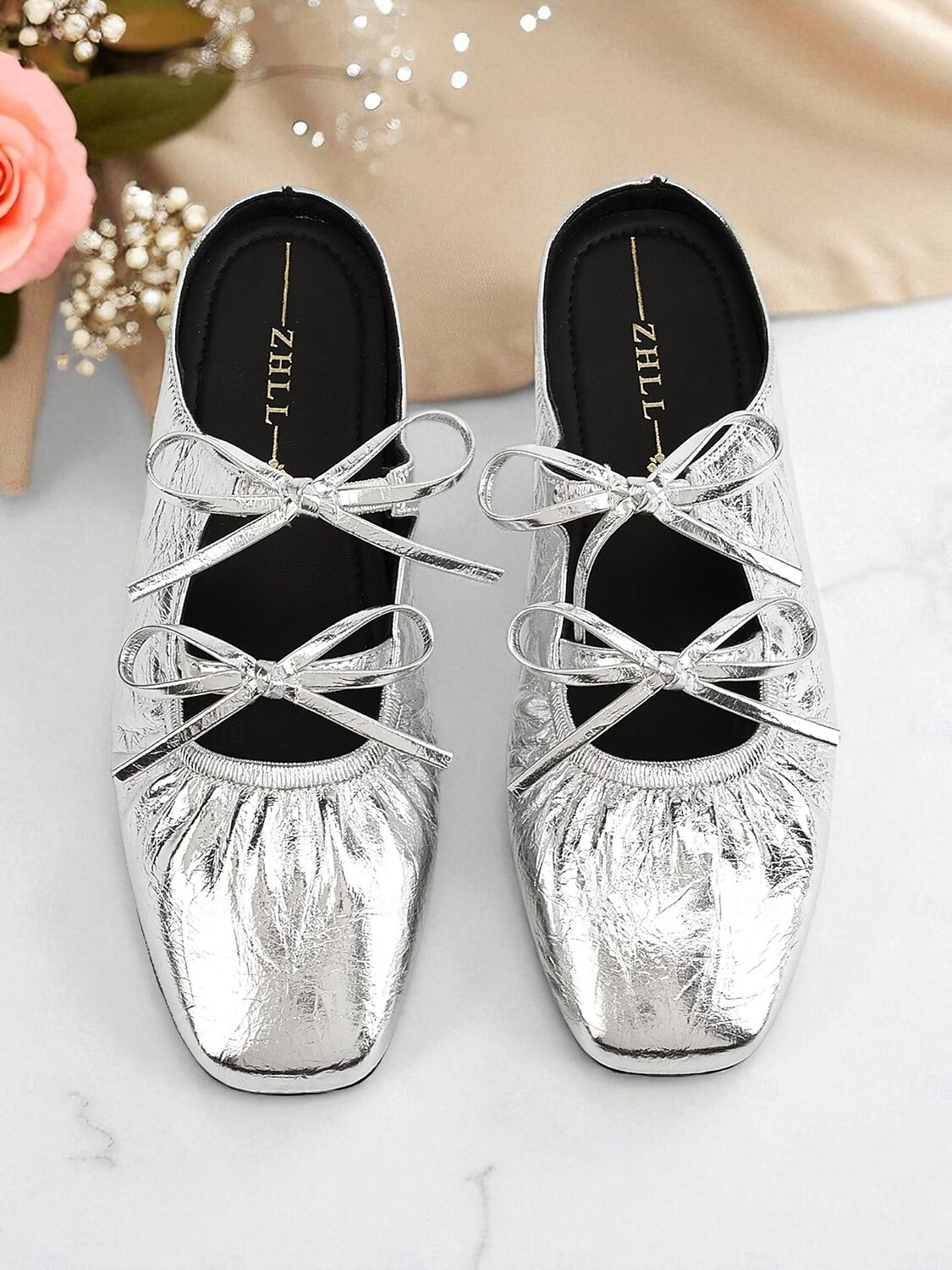 Mules slip-on da donna con fiocco in argento metallizzato - scarpe basse in similpelle stropicciata, punta quadrata, per outfit da sera e per feste notturne del 2025 a $42.99 –P7