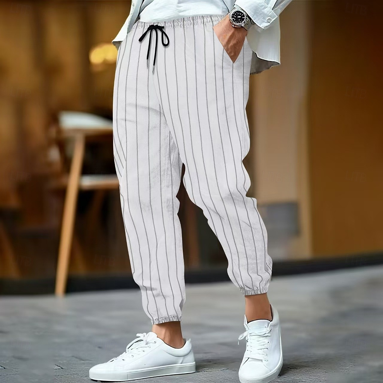 Homens Calças de linho Calças Calça verão Bolsos Cintura elástica Com Cordão Listrado Conforto Respirável Comprimento total Ao ar livre O negócio Diário Férias Negócio Preto Branco de 2025 por $23.99 –P2