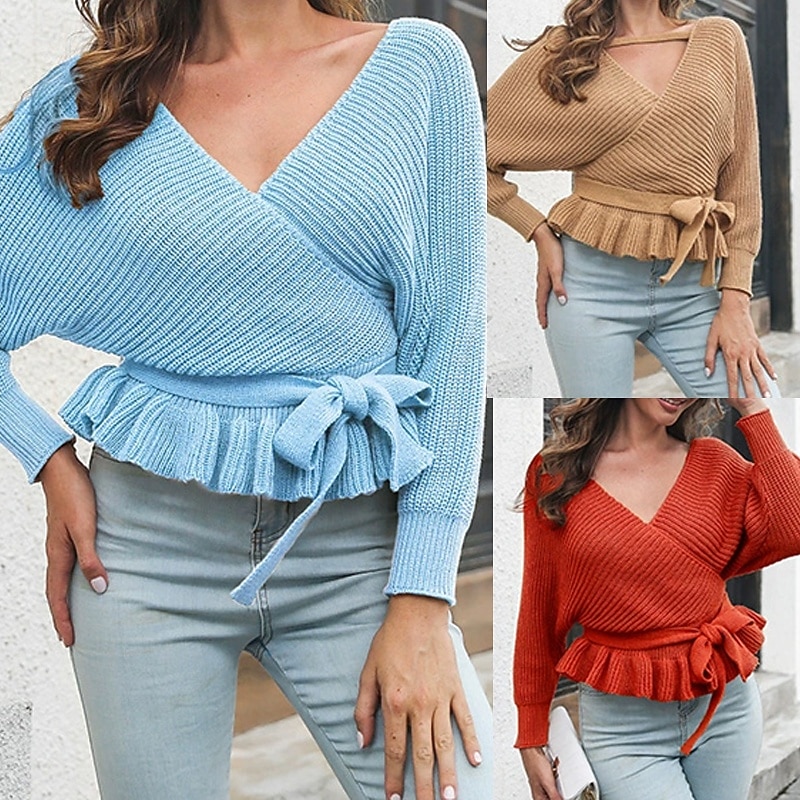 Női Pulóver Alkalmi Tömör szín Vaskos V-alakú Kötött Hosszú ujj Crop Tops Kötött Napi Szabadság Alkalmi Sárga Rubin Ősz Tél 2025 - $25.99 –P1