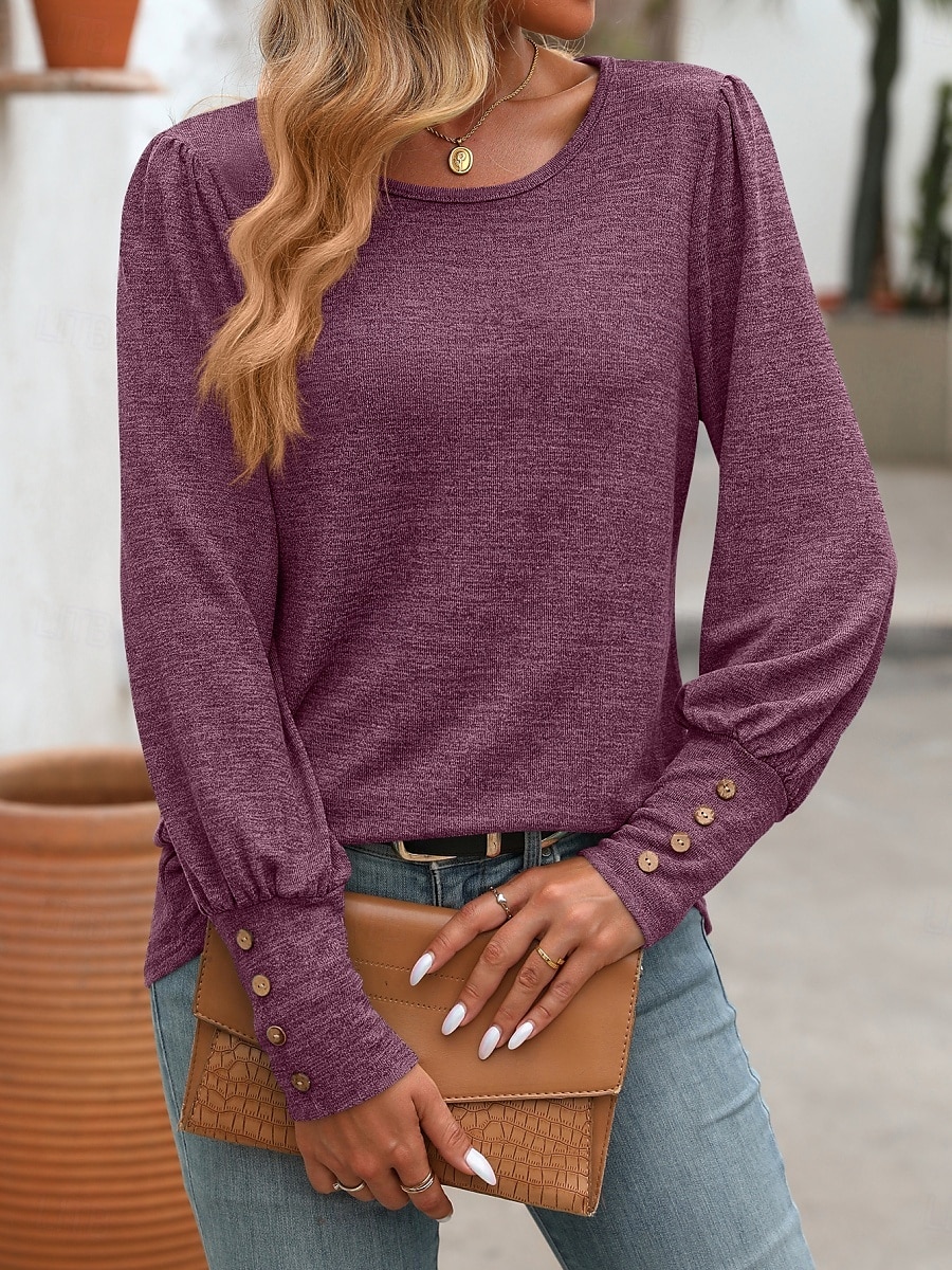 Dame Bluse Helfarge Stilfull Fritid Langermet Crew-hals Vanlige topper Daglig Knapper Svart Blå Fuksia Grønn Kakifarget Sommer Vår 2025 - $19.99 –P25