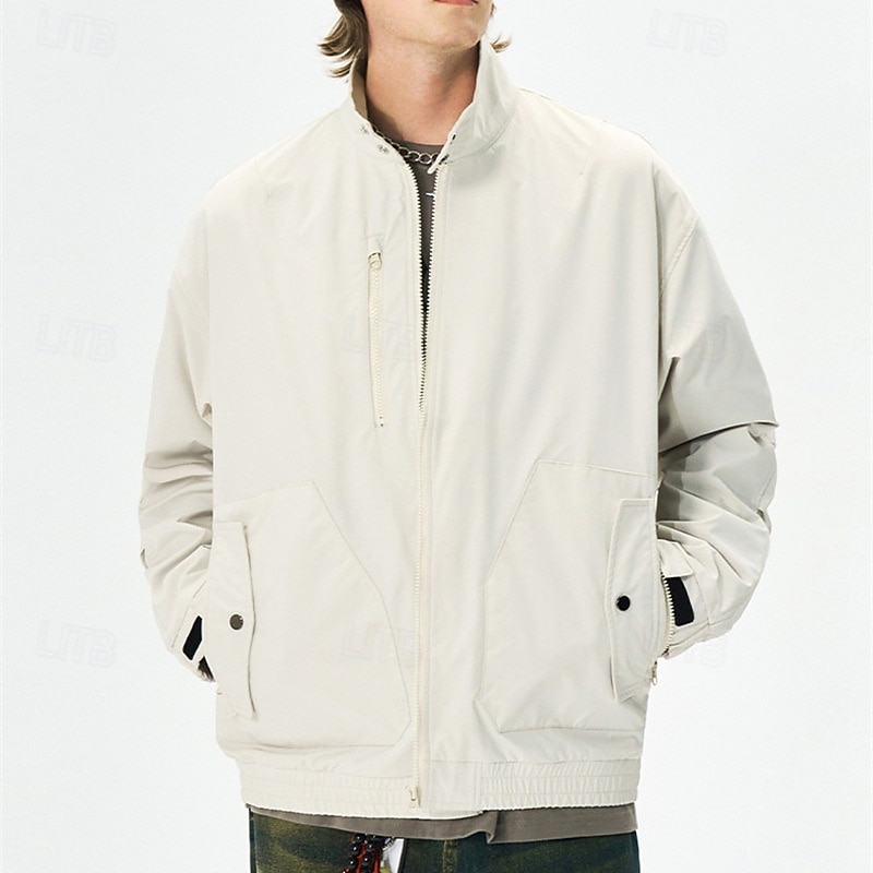 Men's Lightweight Jacket Cargo Jacket Casual Jacket Vacation Daily Windproof Windbreaker Pocket Fall Winter Plain Fashion Classic Stand Collar Regular Black White Purple Green Jacket 2025 - $51.99 –P6