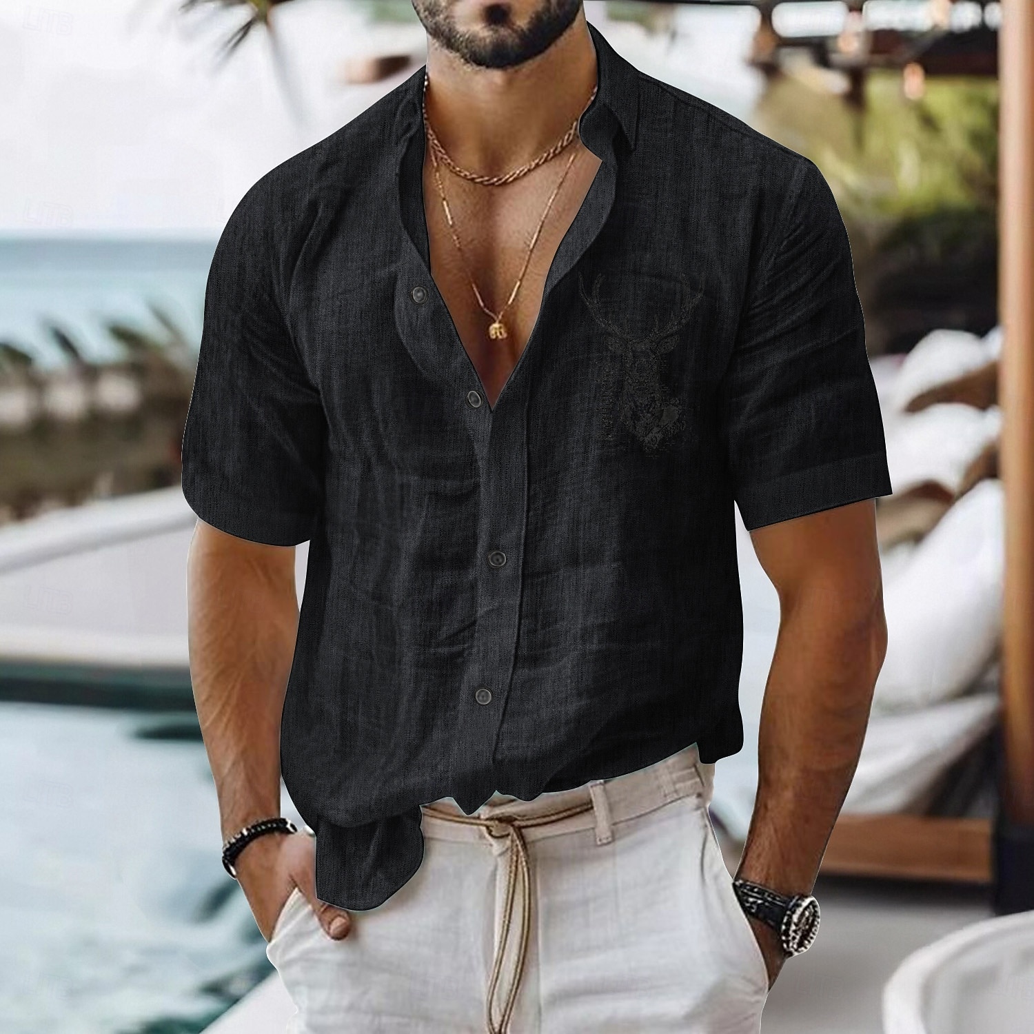 Bărbați Cămașă de in Cămașă casual Cămașă din bumbac și in Camașă cu nasturi Model cu animale Plajă Vacanță Negru Roz Manșon scurt Rever Toate Sezoanele Îmbrăcăminte Cataramă 2026 - $25.99 –P4