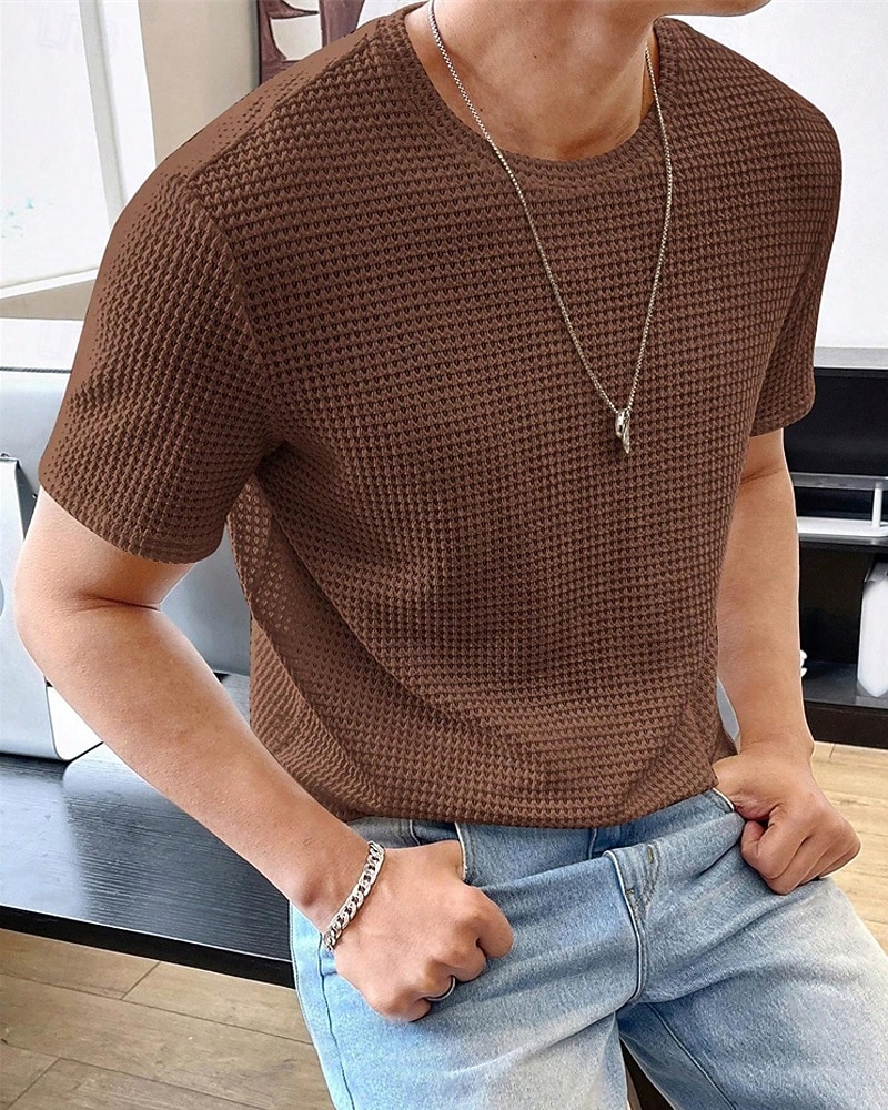 Homme T-shirt gaufré T-shirt Chemise à manches courtes Manche Courte Col ras du cou Été Uni Mode Designer Basique Jacquard Vacances Rue Sortir Rose Claire Kaki Café T-shirt haut de gamme pour homme de 2026 ? $18.49 –P3