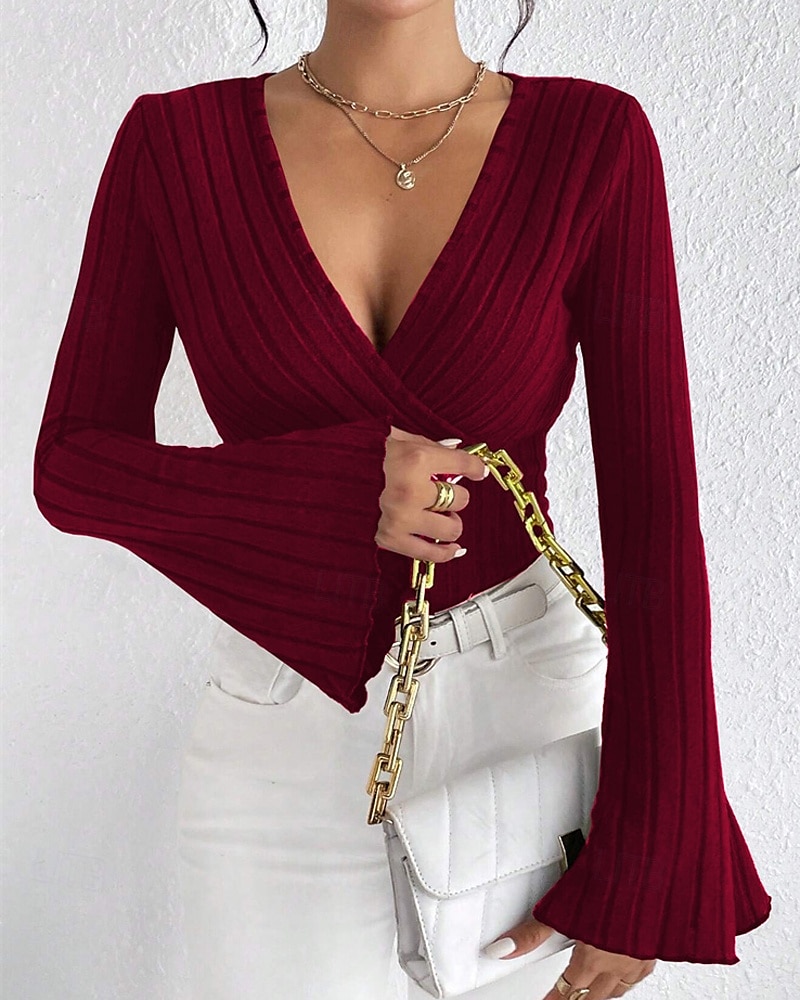 Per donna Maglietta Semplice Moda Moderno Manica Lunga Scollo a V Top Regolari Quotidiano Tunica Nero Vino Estate del 2025 a $18.99 –P2