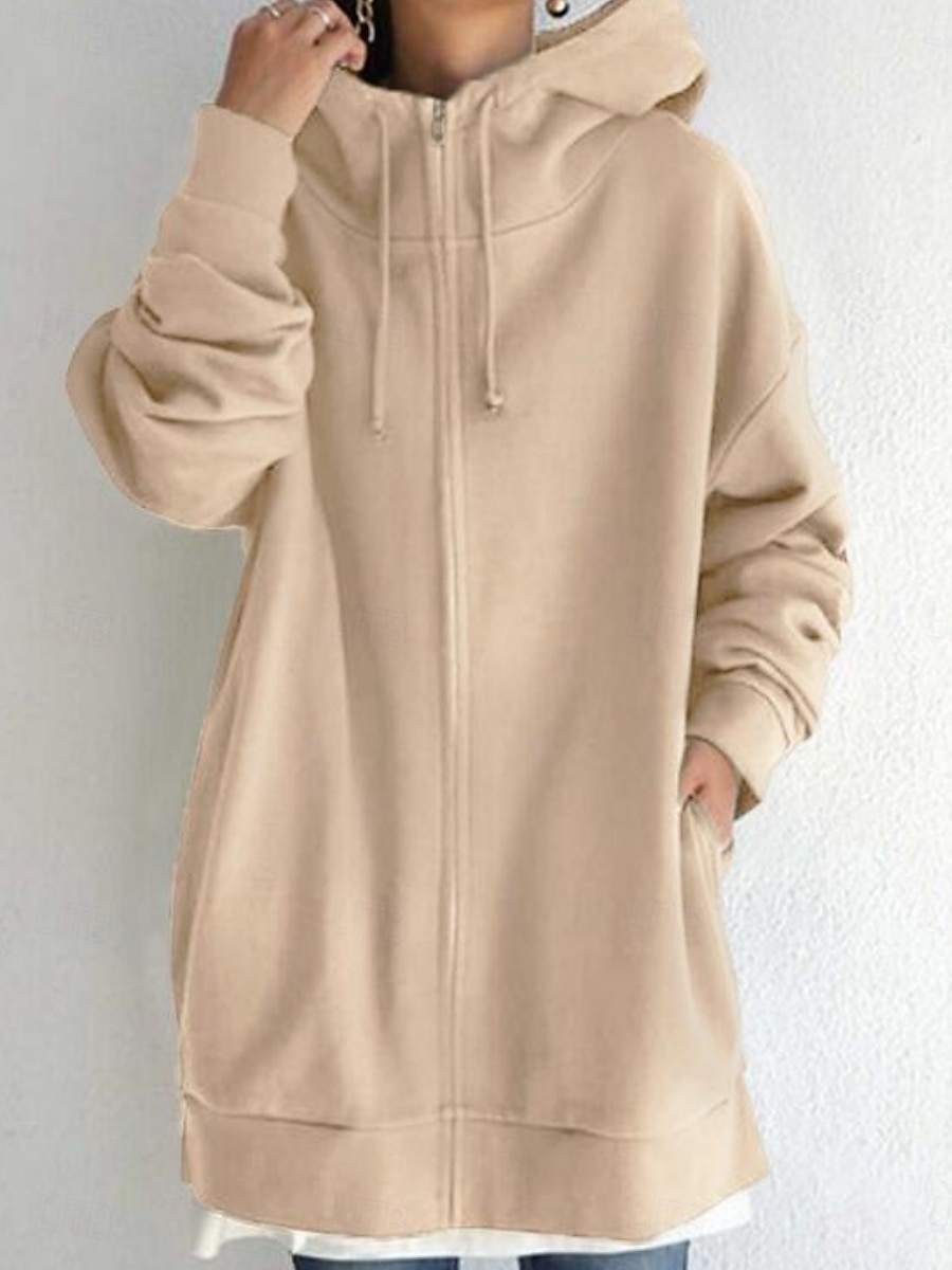 Women's Casual Jacket Hoodie Jacket Comfortable Breathable Zipper Pocket Casual Plain Street Casual Daily Wear Zipper Long Hooded Regular Fit Long Sleeve Outerwear Black Red Khaki Spring Fall 2025 - $22.99 –P5