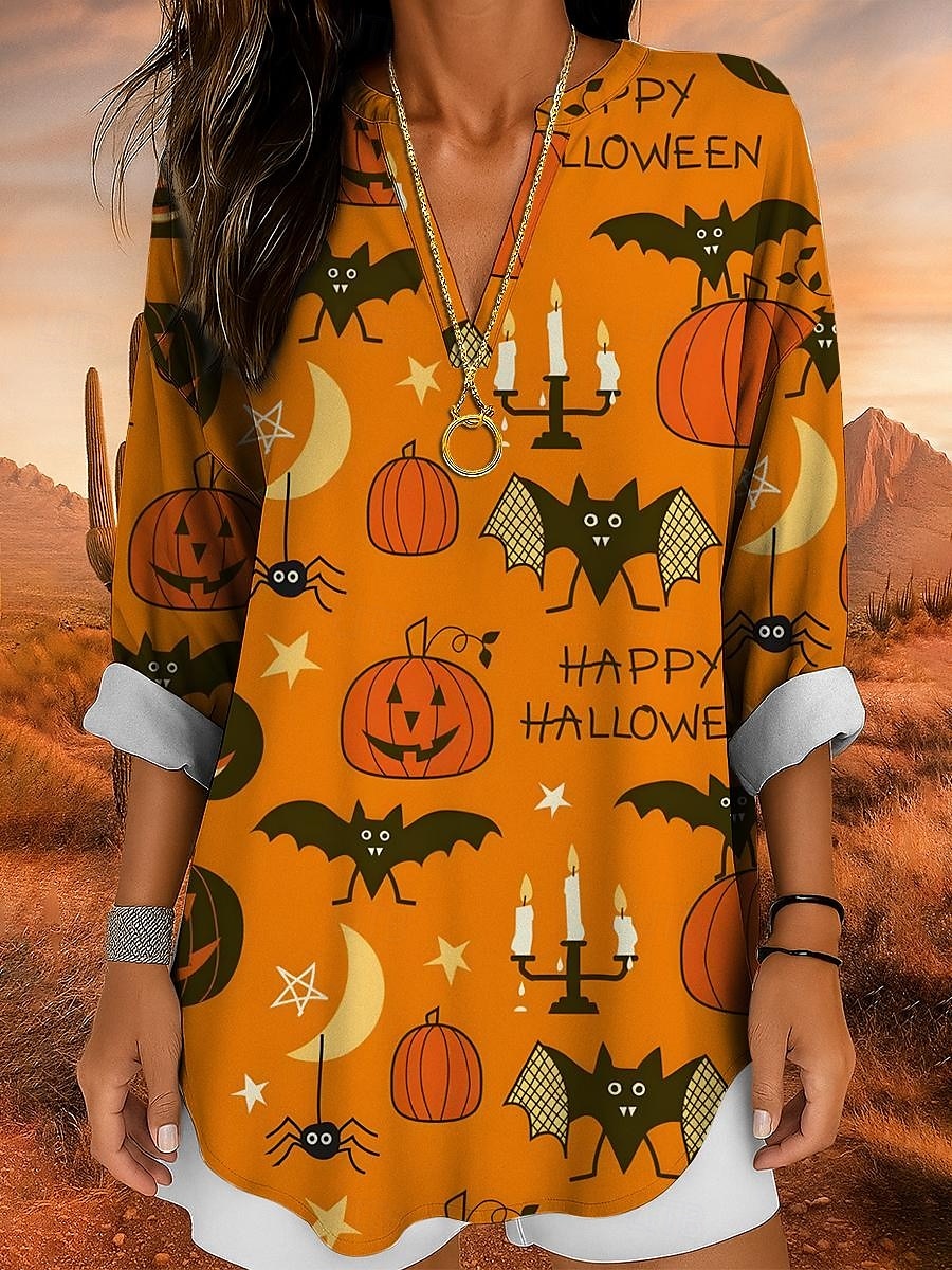 Halloween Dame Bluse Hjerte Kjærlighed Grafisk Årgang Stilfull Fritid Langermet V-hals Vanlige topper Daglig Ferie Trykt mønster Svart Hvit Oransje Sommer Vår Høst 2025 - $24.99 –P5
