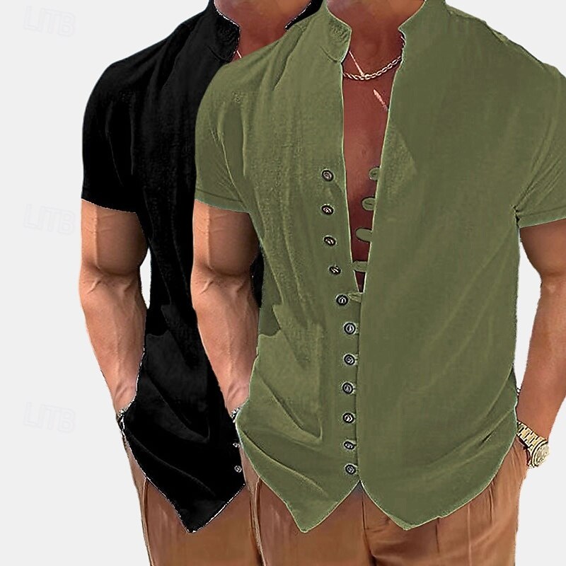 Homme Chemise en lin Chemise d'été Tenue de plage Chemise Boutonnée Uni Vacances Croisière Blanc + kaki Kaki + Noir Vert + Kaki Noir + blanc Manche Courte Col montant Été Printemps & Été Vêtement de 2026 ? $29.99 –P15