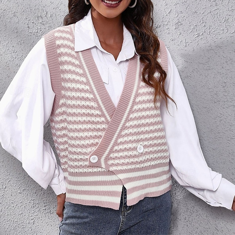 Pentru femei Bluza Casual Dungi Grosolan În V Tricotat Fără manșon Topuri obișnuite Tricotat Zilnic Concediu Ieșire Roz Îmbujorat Toamnă Iarnă 2025 - $19.99 –P1