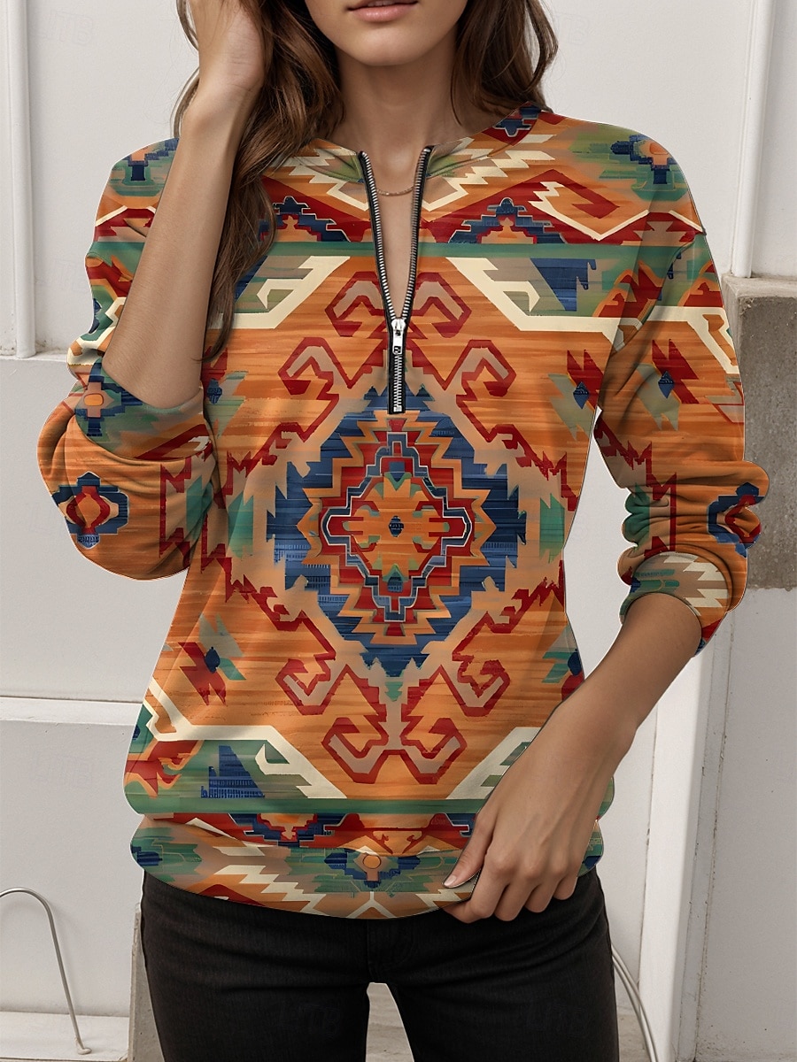 Women's Pullover Sweatshirt Zip Up Sweatshirts Graphic Geometric Casual Long Sleeve Crew Neck Regular Tops Street Dailywear Zipper Print Yellow Red Blue Orange Fall Winter 2025 - $27.99 –P3