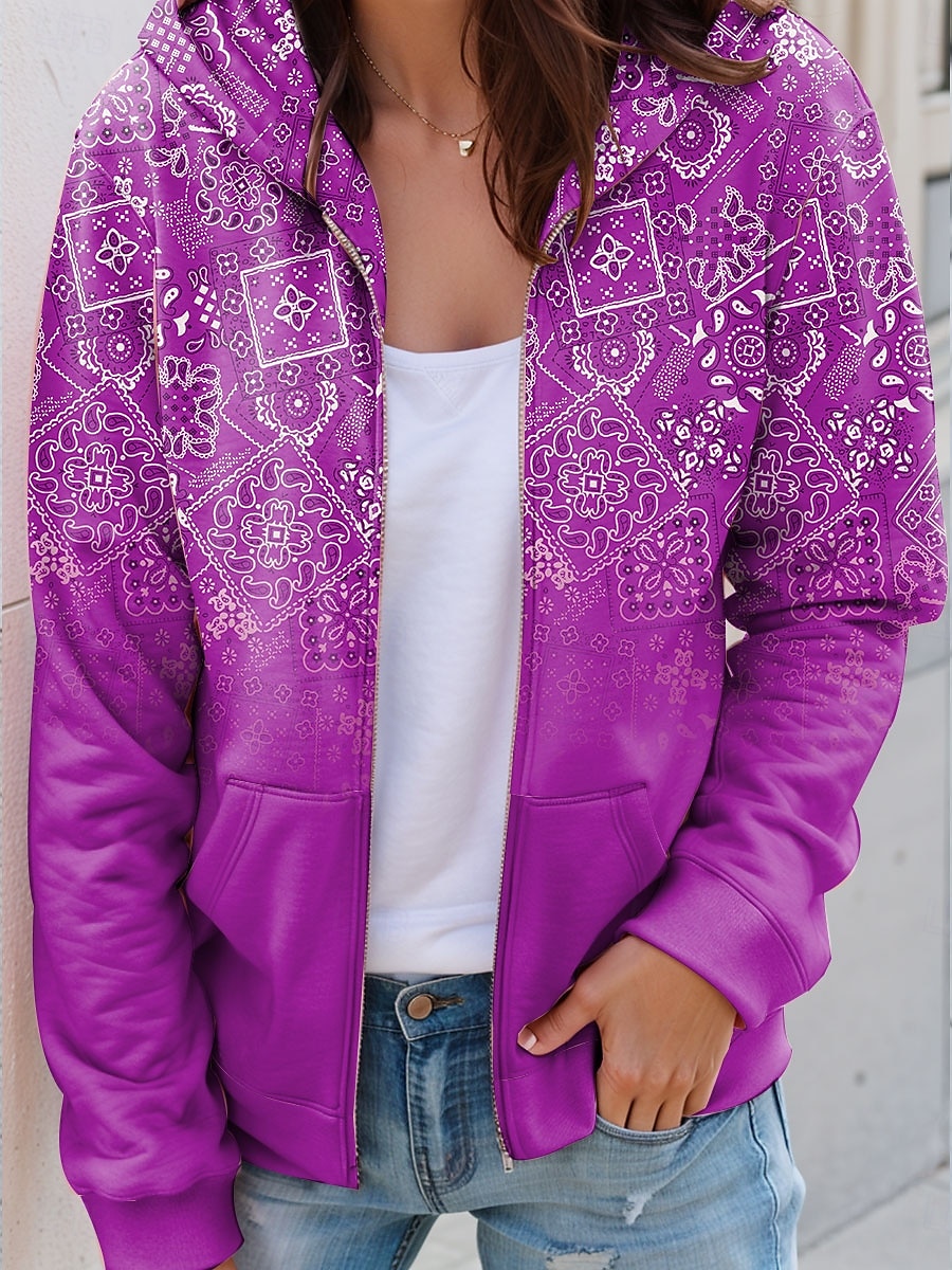 Kvinnors dragkedja hoodie grafisk geometrisk paisley mode avslappnad lång ärm huva vanlig toppar gata dagliga kläder ficka tryck röd blå lila grön vår höst 2025 - $27.99 –P4