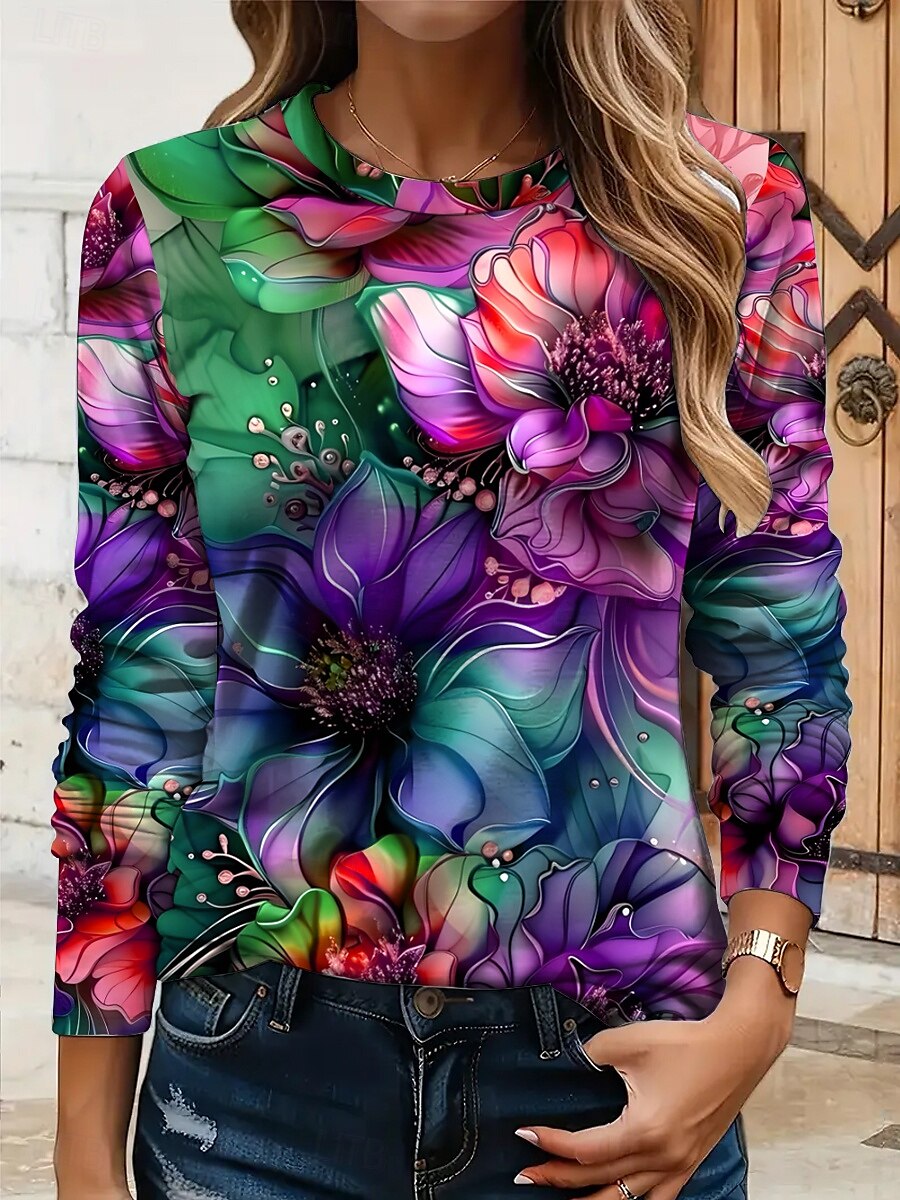 Per donna Maglietta Floreale Grafico Piante Vintage Elegante Classico Manica Lunga Girocollo Top Regolari Quotidiano Stampato Giallo Rosso Blu Viola Verde Estate Primavera Autunno del 2025 a $22.99 –P7