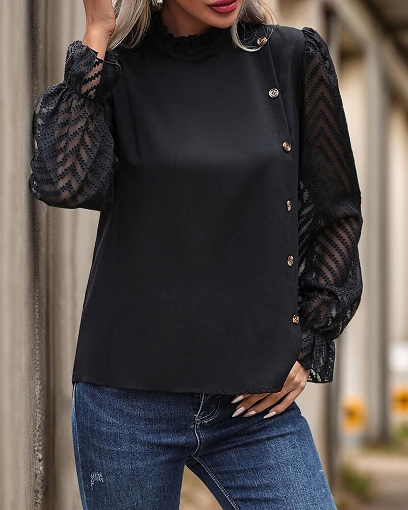 Per donna Camicia Semplice Elegante Moderno Manica Lunga Collo Alto Top Regolari Quotidiano Uscire Bottoni Rete Nero Primavera Autunno del 2025 a $23.99 –P3