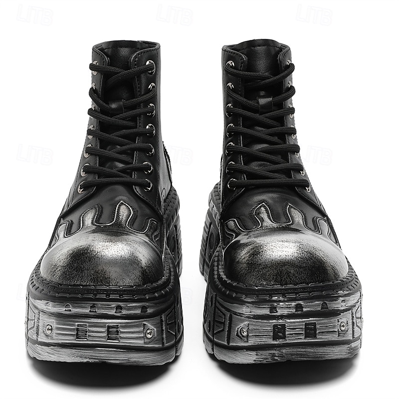 herre gotiske flammende platåstøvler – steampunk ankelstøvletter med grov såle og snøring for punkrockfester og cosplay 2025 - $84.99 –P9