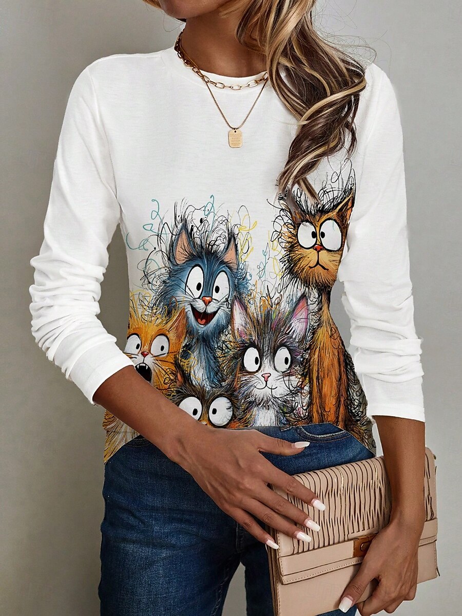 Femmes T-shirt Graphique Animal Chat Mode Occasionnel manche longue Col ras du cou Hauts Réguliers Quotidien Week-end Imprimé Blanche Été Printemps Automne de 2025 ? $22.99 –P2