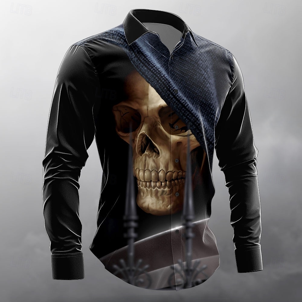 Camicia da uomo a maniche lunghe con bottoni e teschio "Reaper" di Tom Wood, edizione limitata dell'artista. del 2025 a $25.99 –P1