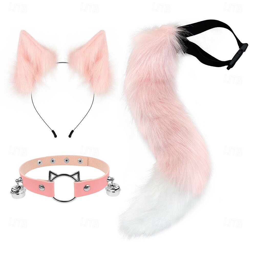 Bandă drăguță cu urechi de pisică, coadă și zgardă cu păr blănos – accesorii pentru cosplay cu animale, costum de fată-pisică pentru Halloween, petrecere și spectacol 2026 - $33.99 –P3