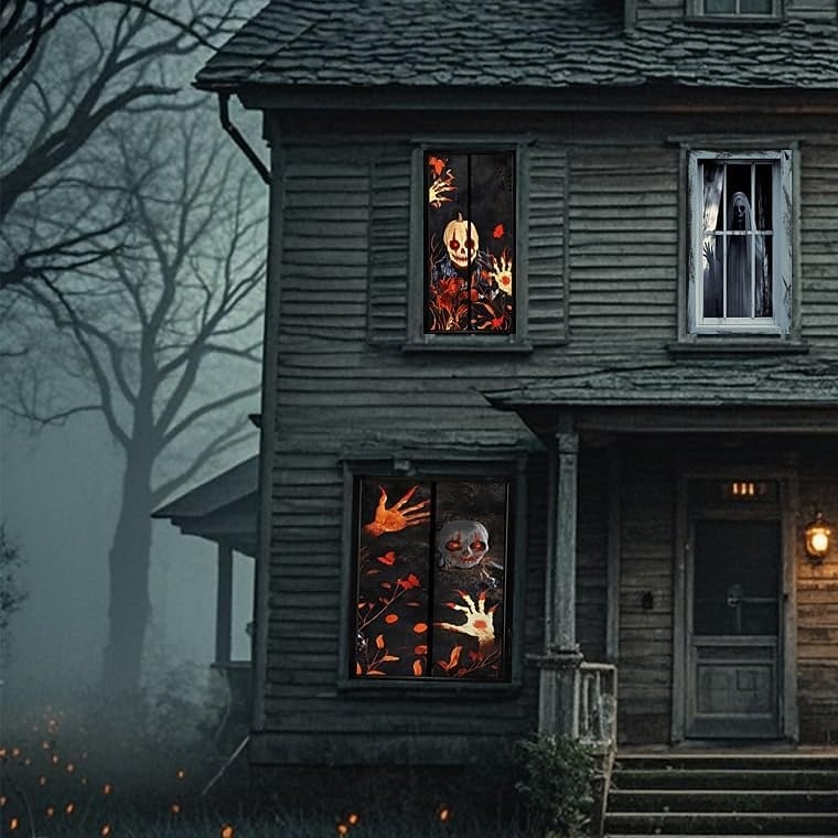 2 db-os halloweeni ablakdekoráció női szellem halloweeni ablak horror női szellem baba függöny szett horror koponya poszter beltéri és kültéri partidekoráció 2025 - $7.99 –P5