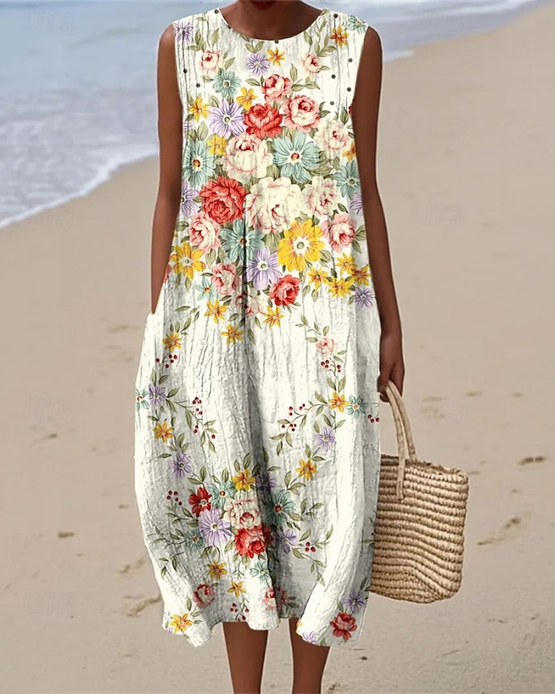 Women's Midi Dress Casual Dress Summer Dress Fashion Modern Daily Beach  Weekend Regular Fit Flower Sleeveless Crew Neck White Yellow Fall 2026 -  $25.99