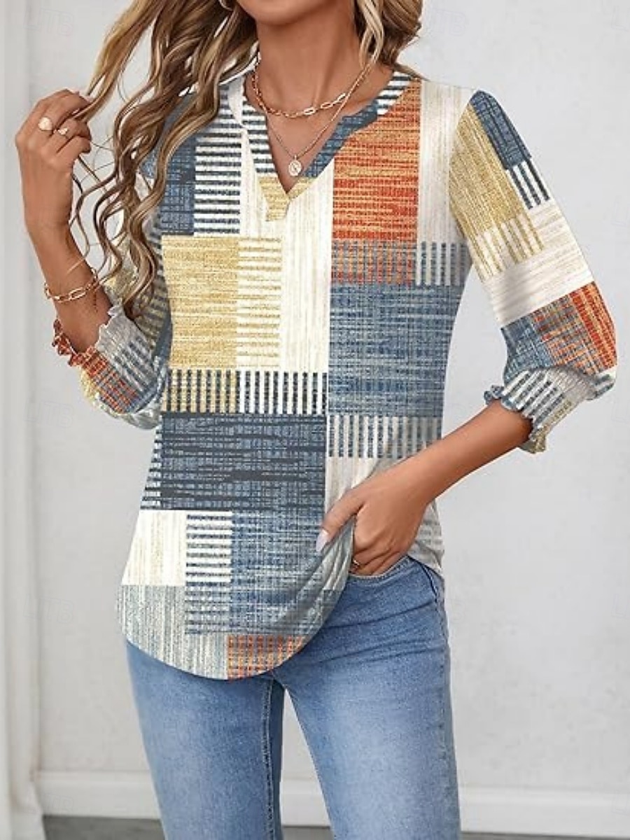 Dame Bluse Ruter Stilfull Fritid 3/4 ermer Crew-hals Vanlige topper Daglig Trykt mønster Gul Grønn Kakifarget Sommer Vår 2025 - $21.99 –P2