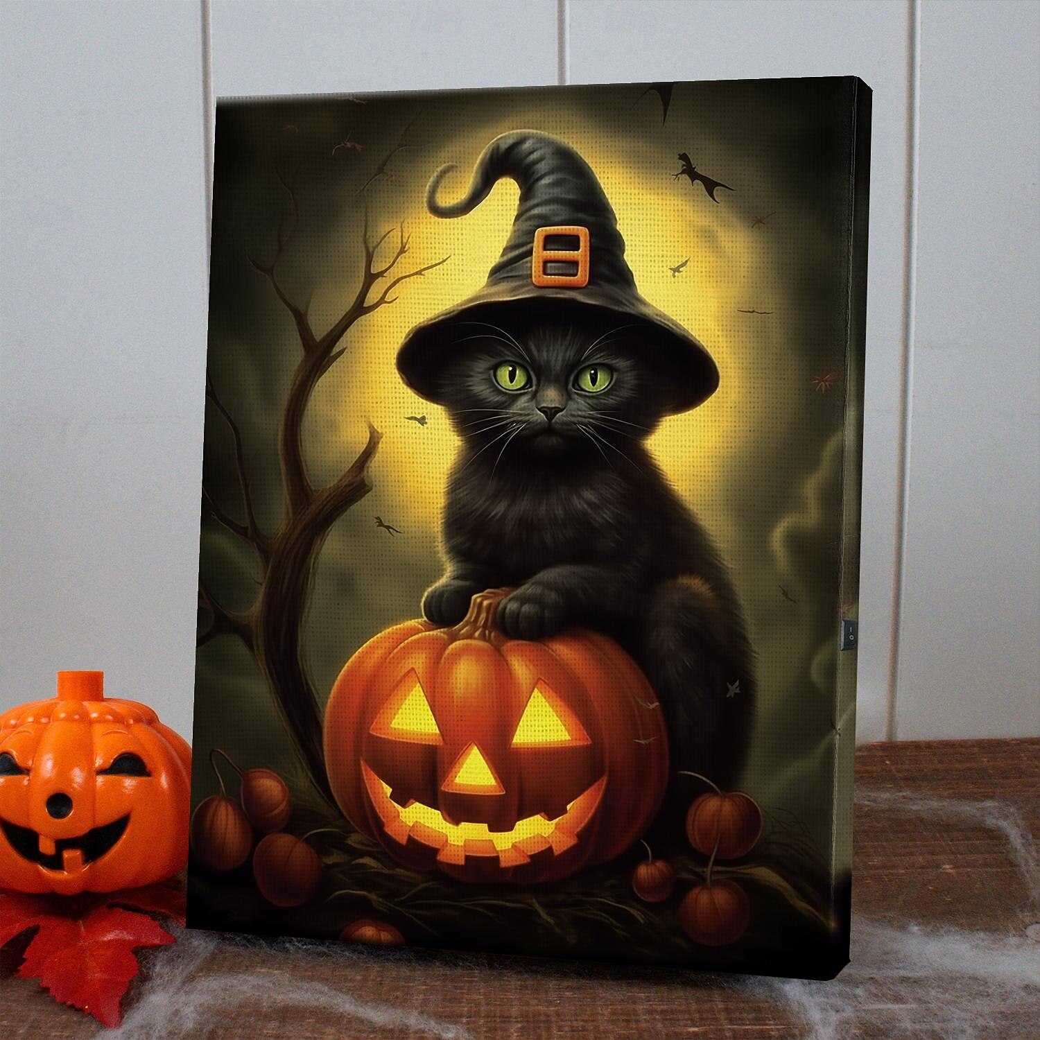 ハロウィン魔女のフィギュア 黒猫 コウモリ付きライトアップ ハロウィン魔女のフィギュア 黒猫 コウモリ付きライトアップ