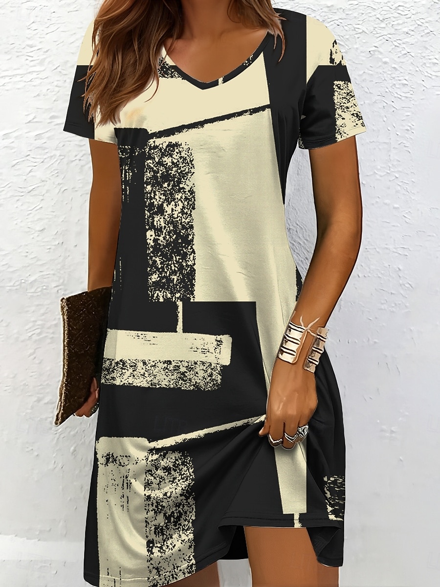 Pentru femei Rochie Mini Rochie din Tricot Rochie casual Rochii Tricou Rochie de Vară Vacanță Casual Fit regulat Grafic Geometric Abstract Manșon scurt În V Negru și Alb Șampaniu Roșu-aprins Albastru 2025 - $23.99 –P1