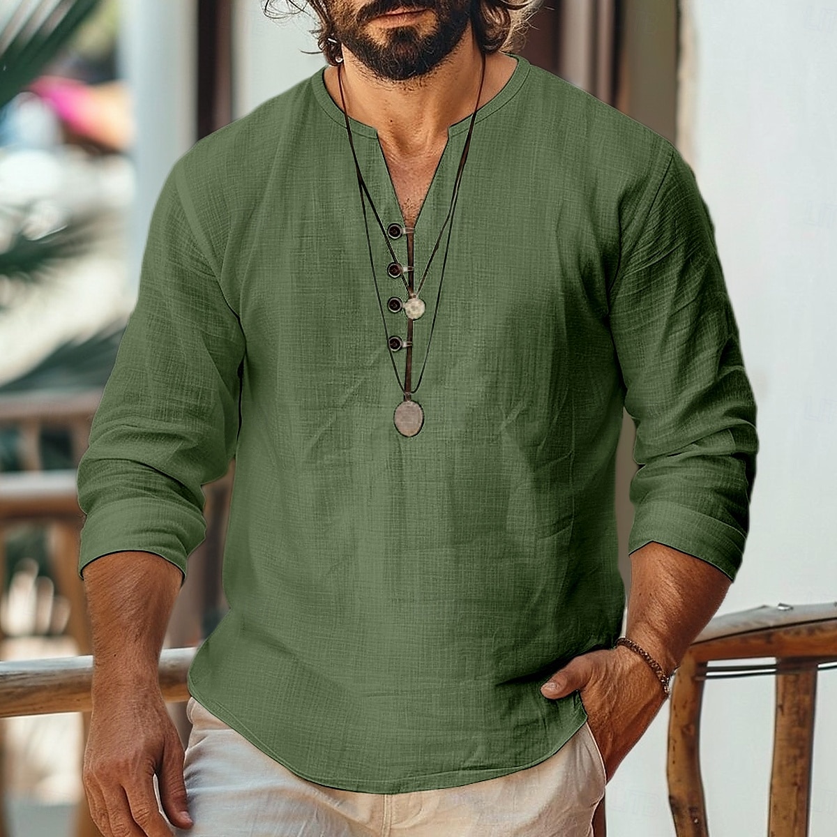 Voor heren Overhemd Linnen overhemd Zomer overhemd Strand hemd Effen Kleur Vakantie Casual Zwart Wit blauw Groen Lange mouw Henley Zomer Lente Kleding 2025 - $23.99 –P5
