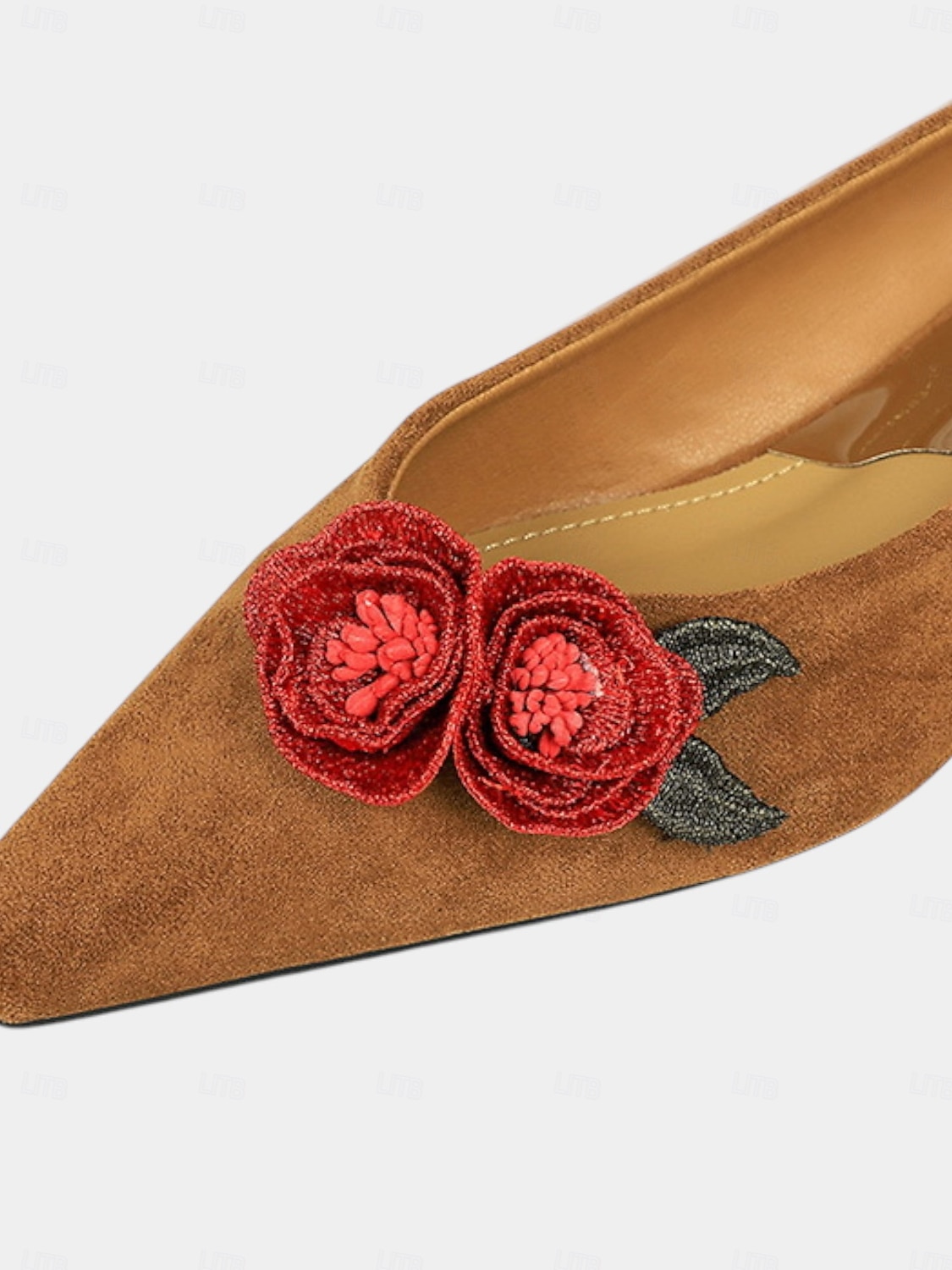 Bailarinas de ante burdeos para mujer: diseño de rosas bordadas con flores, elegantes zapatos sin cordones con punta puntiaguda para salidas informales, fiestas en el jardín y citas románticas. 2025 - $46.99 –P7