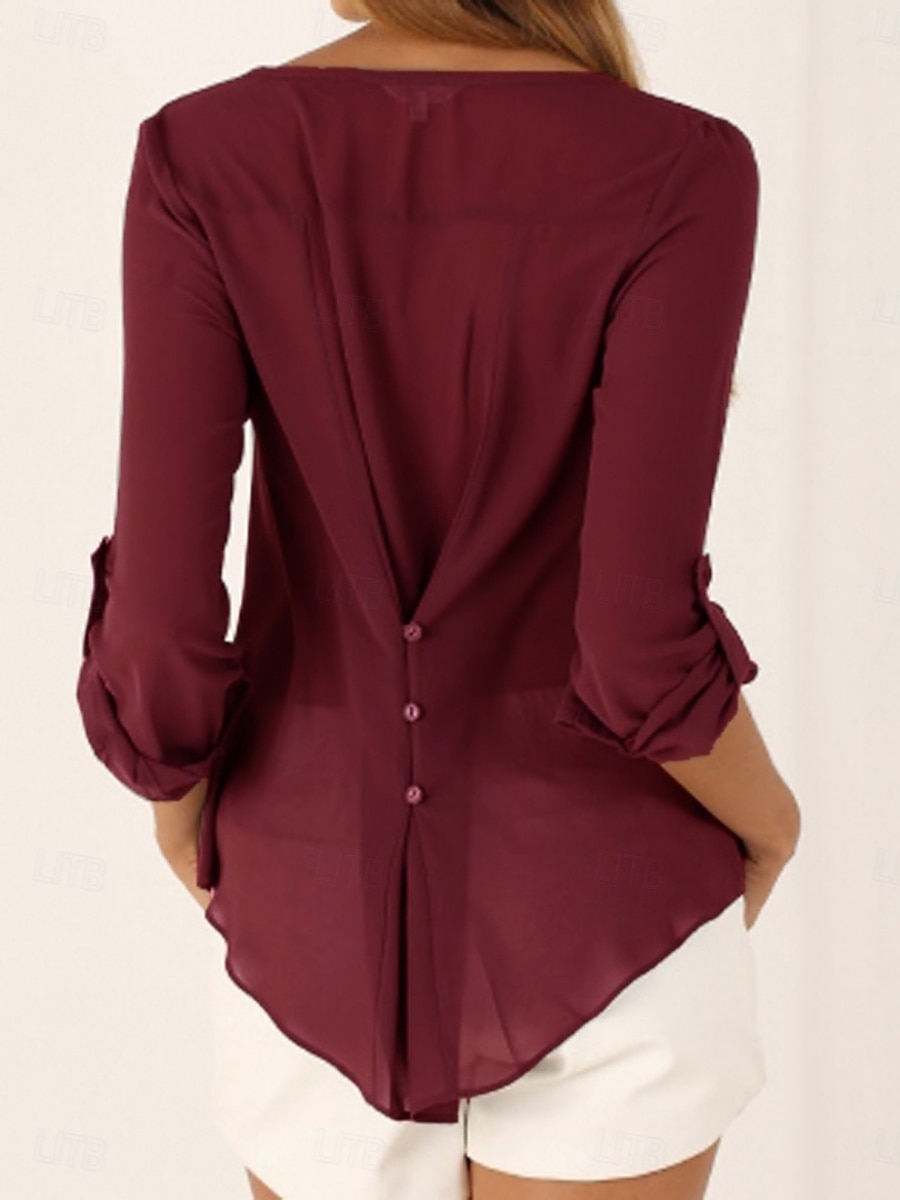 Damen Hemd Einfarbig Stilvoll Lässig Langarm V Ausschnitt Normale Oberteile Täglich Knöpfe Schwarz Wein Königsblau Braun Sommer Frühling 2025 - $21.99 –P7
