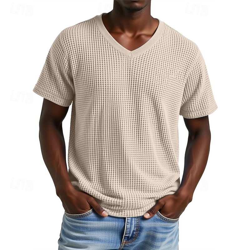 Herren Waffel-T-Shirt T Shirt T-Shirt Kurzarmshirt Kurzarm V Ausschnitt Sommer Einfach Mode Designer Basic Jacquard Urlaub Straße Ausgehen Aprikose Schwarz Purpur Top T-Shirt für Herren 2025 - $18.49 –P2