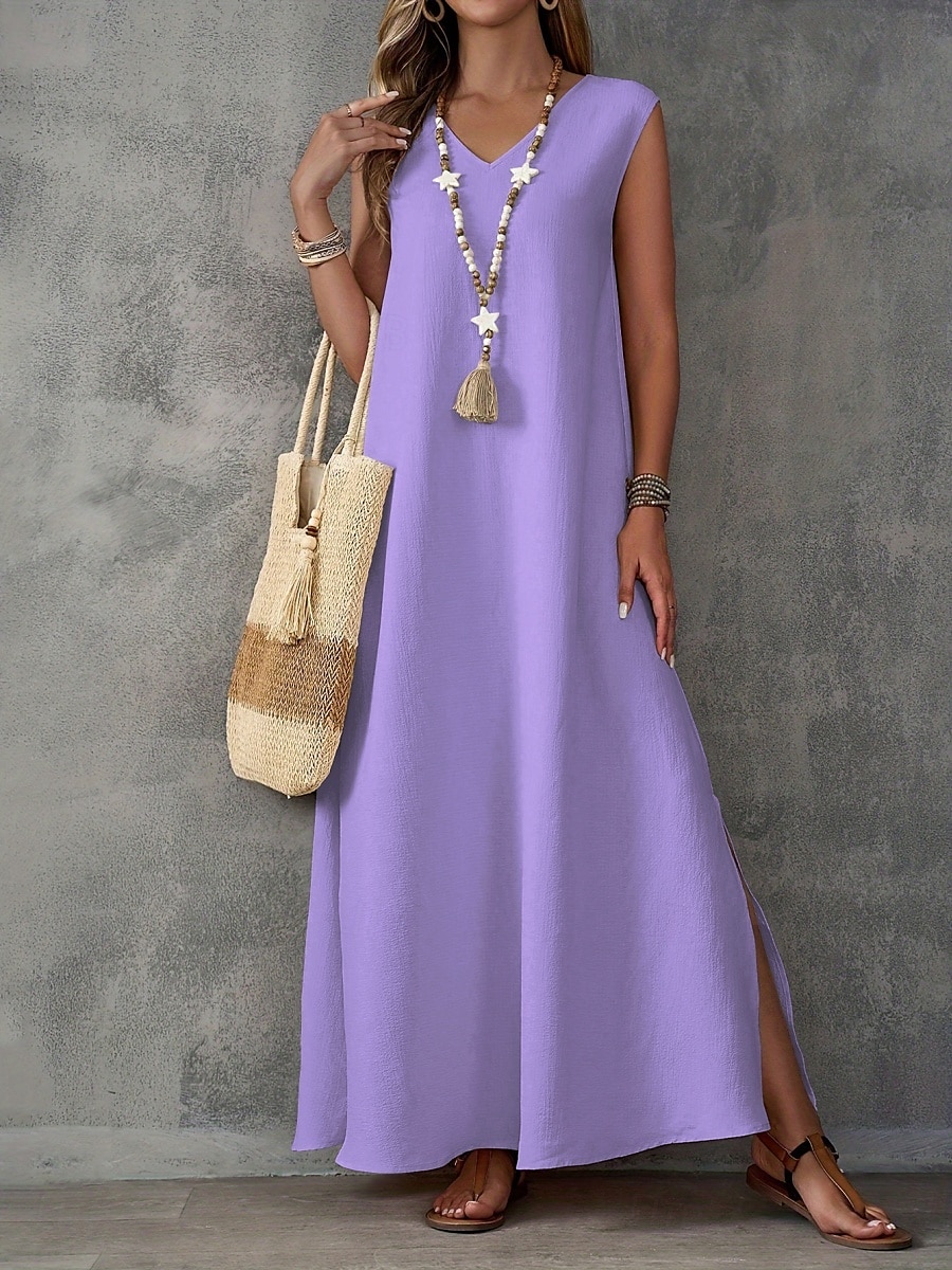 Per donna Abito maxi Abito a trapezio Abito Estivo Casual Quotidiano Vestibilità regolare Semplice Senza Maniche Scollo a V Nero Bianco Viola chiaro Verde Estate del 2025 a $28.99 –P7