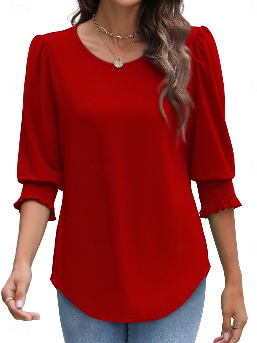 Femmes Chemisier Couleur Unie Élégant Occasionnel Manche 3/4 Col ras du cou Hauts Réguliers Quotidien Noir Blanche Rouge Bleu Été Printemps Automne de 2025 ? $19.99 –P2