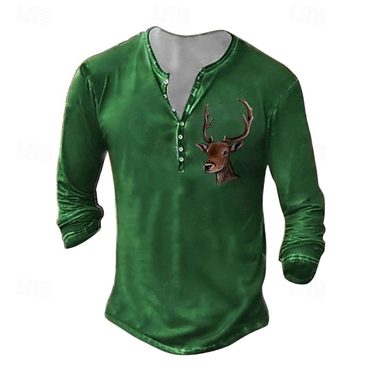 Herren Henley Hemd T-Shirt Langarmshirt Langarm Henley Sommer Herbst Muster Hirsch Mode Designer Mode Jahrgang Urlaub Straße Ausgehen Dunkelgrau Schwarz Weiß Top T-Shirt für Herren 2025 - $19.99 –P5