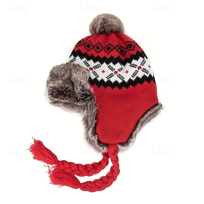 Stretch Knit Plush Winter Hat with Detachable Ear Flaps & Pom-Pom - Grid Pattern, Adjustable Drawstring for Outdoor Sports, Christmas Holiday - Black/White/Blue/Red, Winter Accessories 2025 - $29.99 –P7