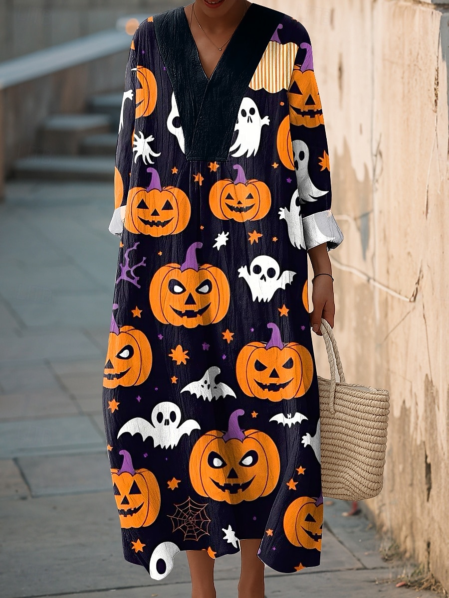 Robe midi femme Halloween V en col Longue Manche Kaftan Légère Coupe Ample Robe Décontractée Robe Shift Décontractée Coupe Ample Graphique Longue Manche V en col Noir Jaune Rose Orange Automne de 2025 ? $33.99 –P4