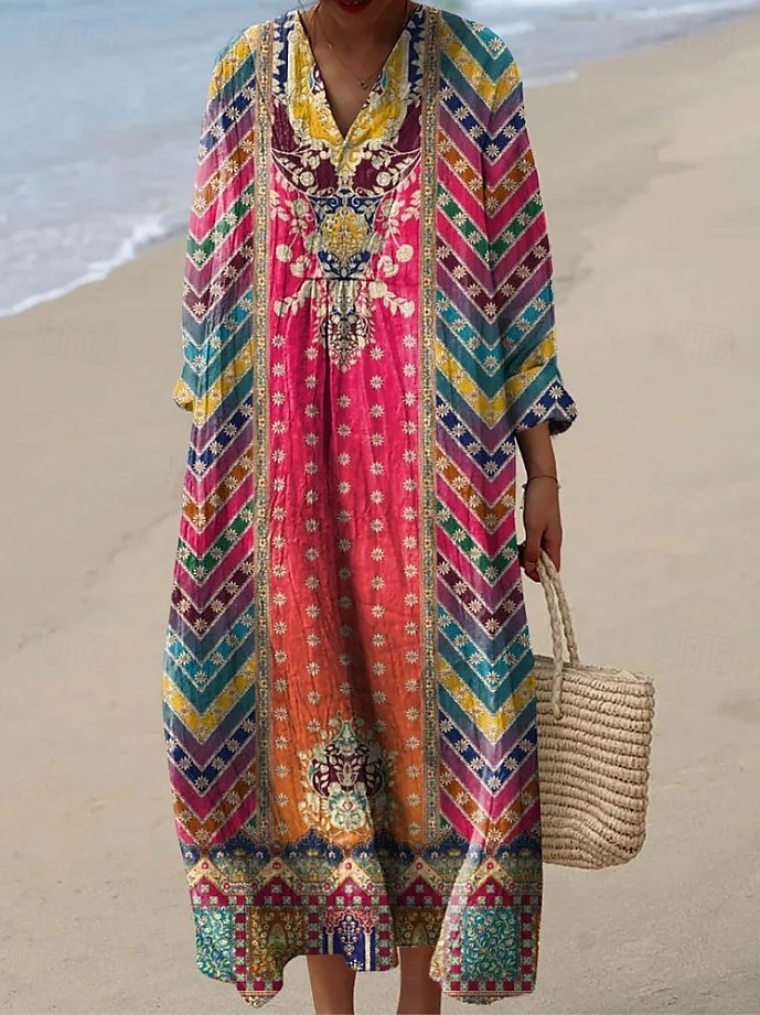 Pentru femei Rochie Maxi Rochie de Vară Rochie A line Vacanță Casual Ieșire Potrivire Largă Floral Grafic Imprimeu Paisley Manșon Lung În V Roz Deschis Negru Roz Închis Portocaliu Vară Primăvar 2025 - $35.99 –P3