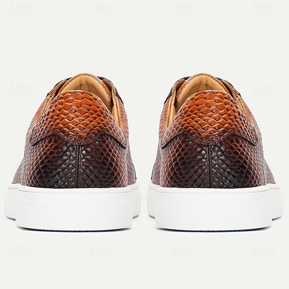 Herrsneakers i äkta läder med krokodilmönster – tonade orange snörskor för eleganta herrar, smart casual-looker och helgsammankomster 2025 - $84.99 –P5