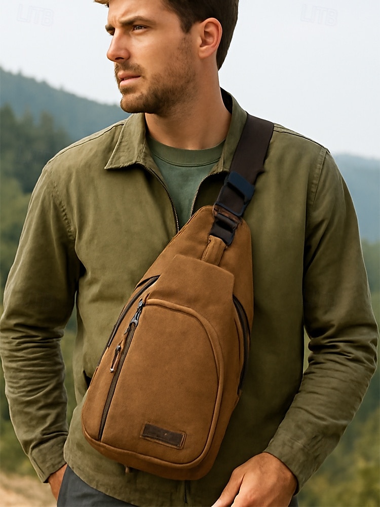 Zaino a tracolla in tela da uomo con più scomparti, borsa a tracolla vintage per escursioni all'aperto, viaggi e uso quotidiano casual del 2025 a $14.99 –P3