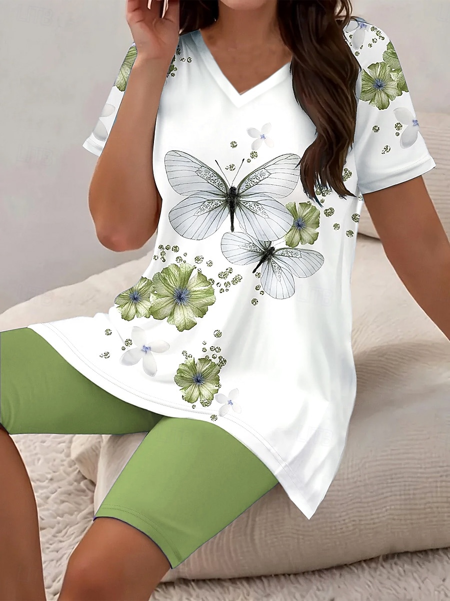 Women's Fashion Daily T Shirt Shorts Sets Short Sleeve V Neck Ombre Floral Butterfly Print Daily Casual Daily Light Green Grape Ocean Blue Summer Regular Fit 2025 - $29.99 –P4