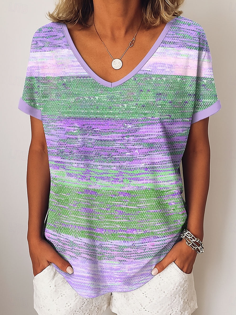 Femmes T-shirt Graphique Géométrique Rayé ancien Occasionnel Manche Courte Col en V Hauts Réguliers Quotidien Week-end Vêtements de vacances Imprimé Rose Claire Bleu Violet Vert Été Printemps de 2025 ? $19.99 –P2