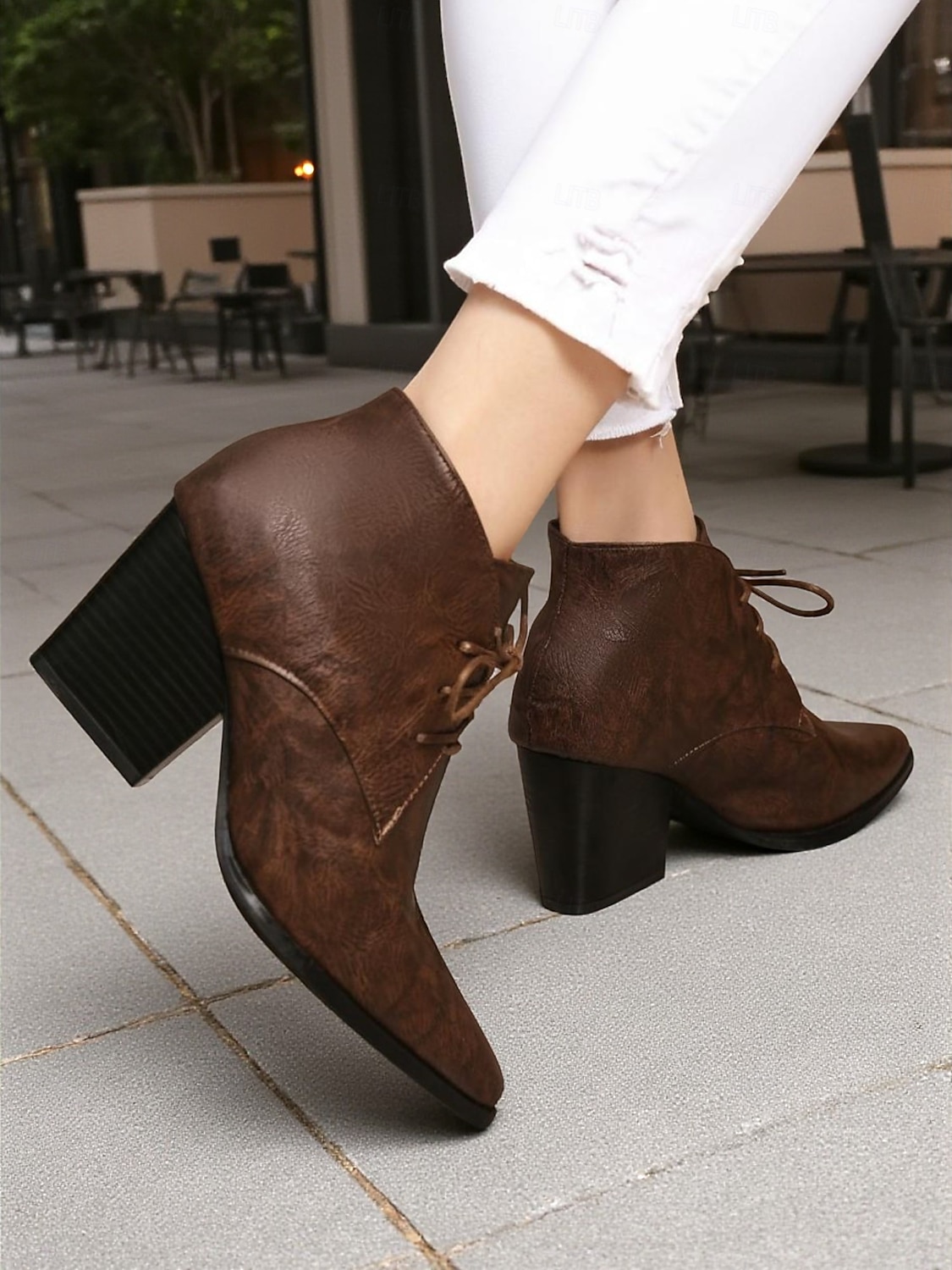 Botas femininas retrô de cano curto com cadarço e bico fino - botas curtas de salto bloco em couro sintético para o outono, estilo urbano &roupas do dia a dia de 2025 por $42.99 –P3