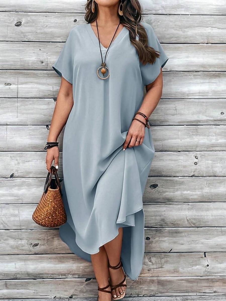 Femmes Grande taille Robe Décontractée Couleur Unie Col en V Manche Courte Été Printemps Élégant Mode Moderne Occasionnel Robe Maxi Quotidien Fête Robe de 2025 ? $33.99 –P8