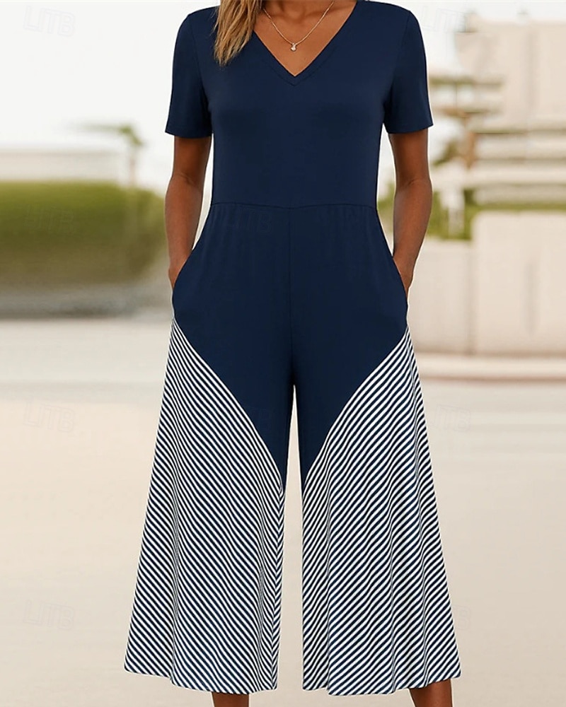 Femmes Normal Combinaison Streetwear Rayé Manche Courte Jambe large Col en V Avec Poches Imprimé Rue Quotidien Coupe régulière bleu marine Été de 2025 ? $27.99 –P1