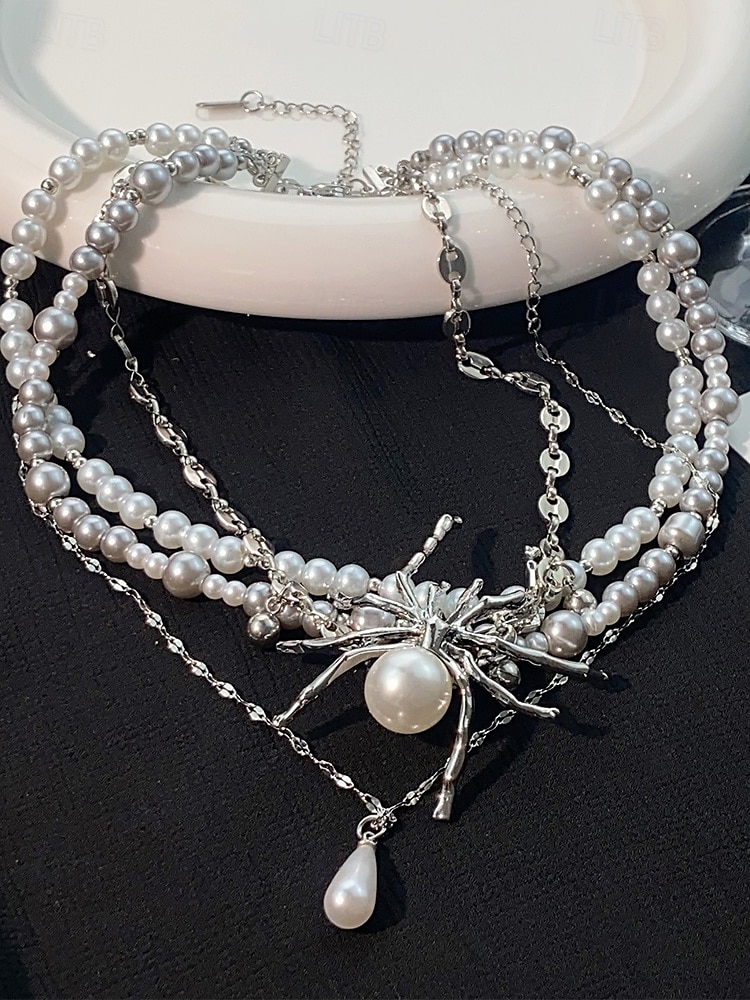 Halloween-Spinnenhalskette für Damen – Gothic-Punk-Design aus Legierung und Kunstperlen mit Stacheln und Ketten, auffälliger Modeschmuck für Partys, Cosplay und gruselige Abende 2025 - $11.99 –P8