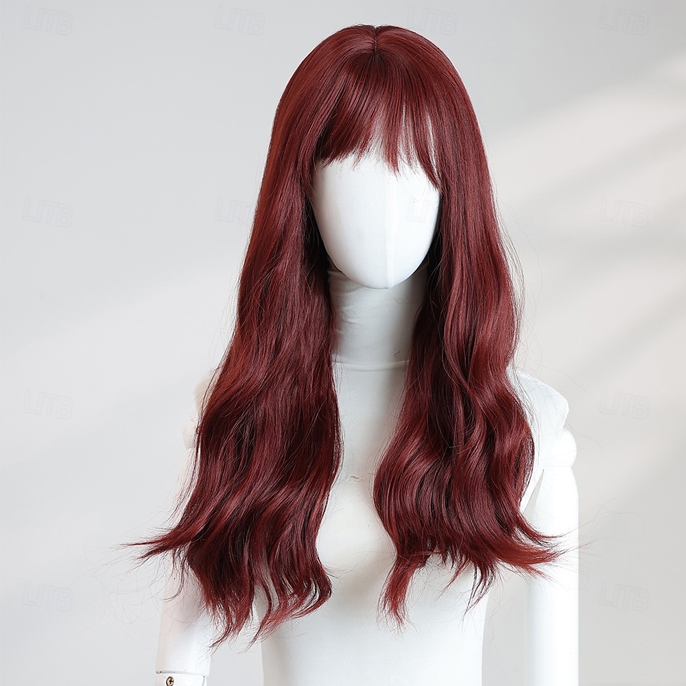 Peluca ondulada color burdeos de 20 pulgadas para mujer: flequillo completo, cabello largo, ideal para Halloween, cosplay y estilos de moda actuales. 2025 - $32.99 –P3