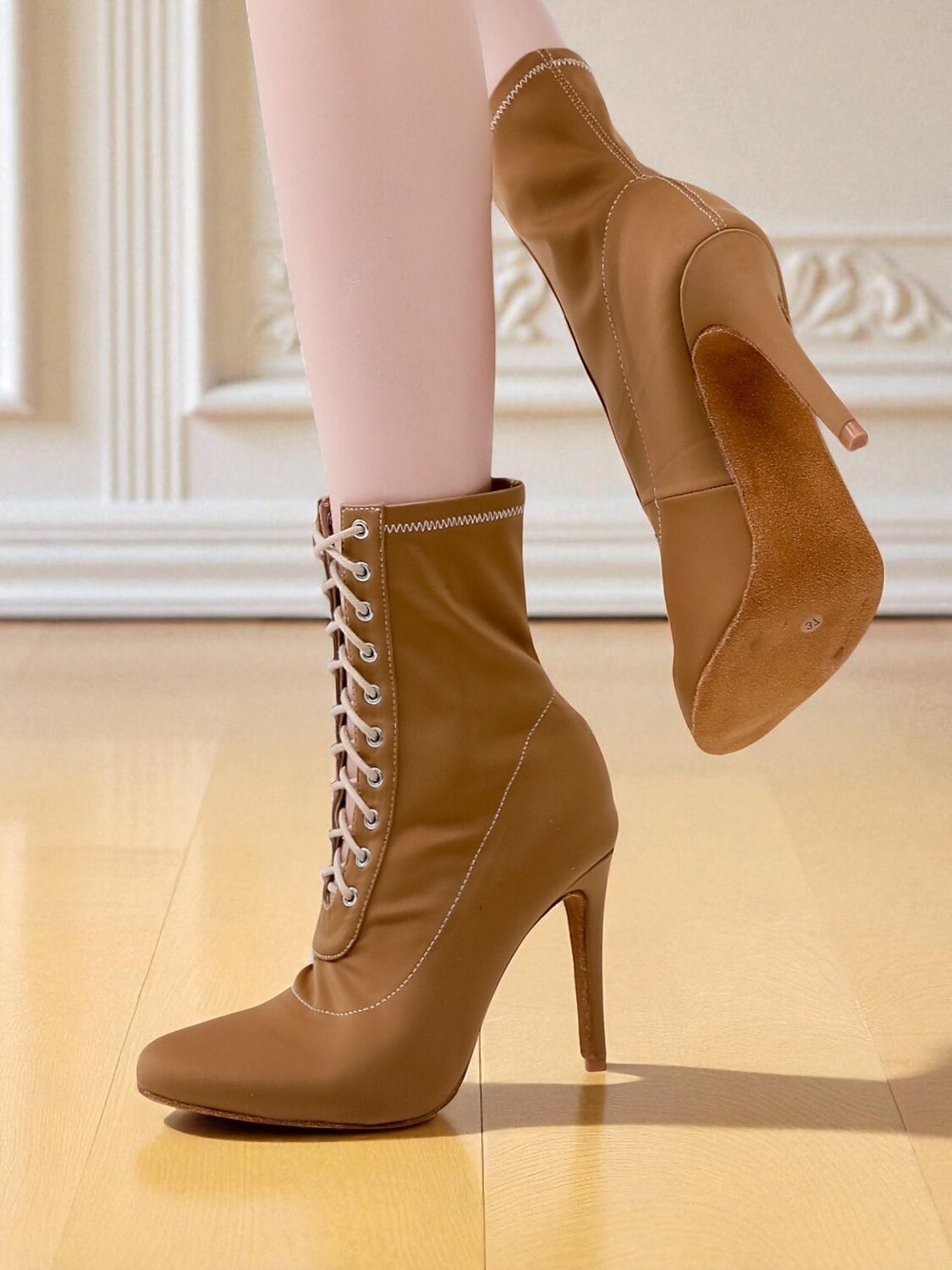 Bottines de danse à lacets extensibles marron pour femmes - bottines courtes à talons hauts pour la danse de salon latine, le jazz et les performances sur scène de 2025 ? $59.99 –P4