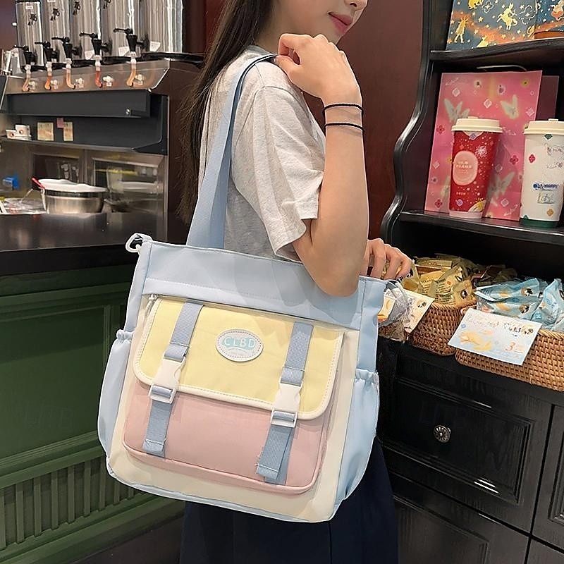 Women's Black and White Canvas Tote Bag – Casual School Shoulder Bag with Front Buckle Pocket for Teen Girls & College Students 2025 - $29.99 –P1